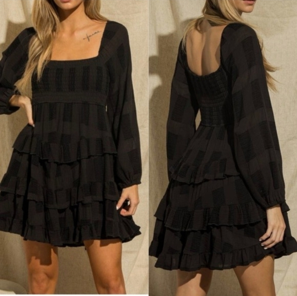 Arula Black Gauzy Tiered Mini Dress Size A 1X